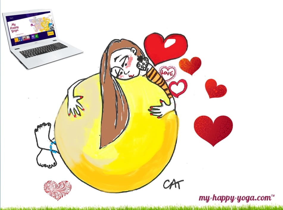 dessin d'une yogi blogueuse qui aime son ballon de yoga