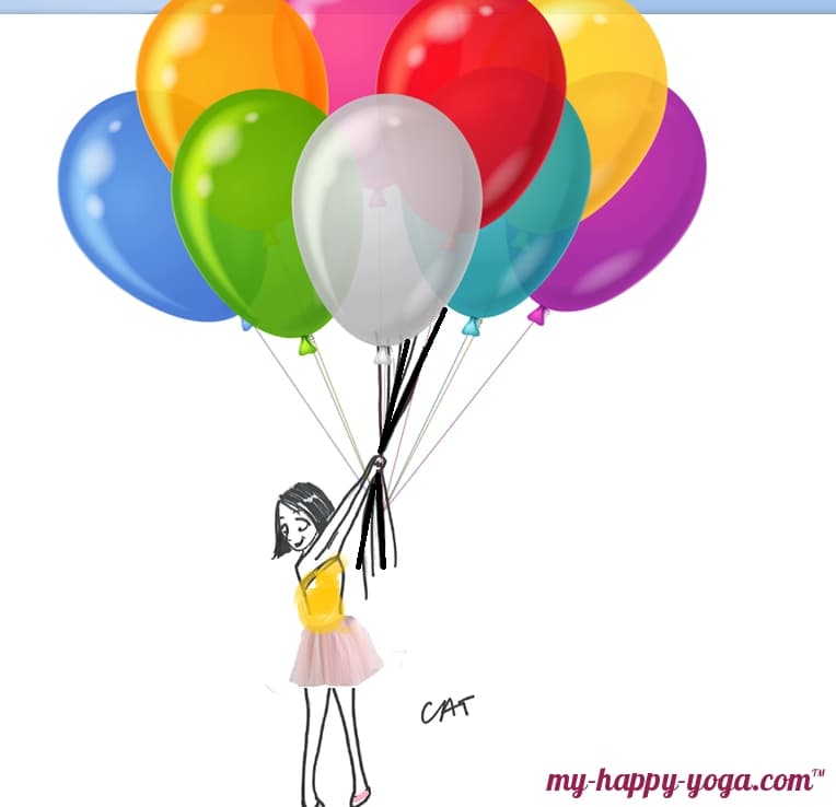 dessin d'une jeune femme qui s'accroche à ses ballons mais qui apprend l'art du détachement